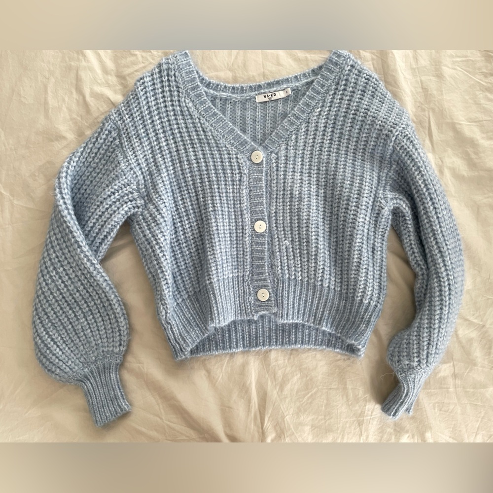 Blue Ribbed Knit Cardigan Sweater